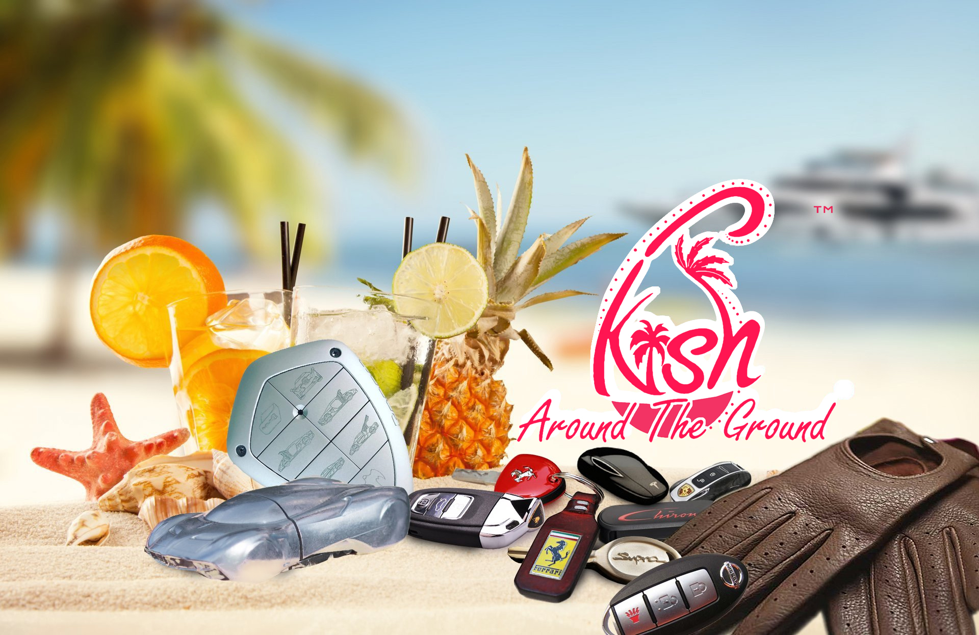 The ATG Kish key art: car keys, a model car and cold drinks on the sand